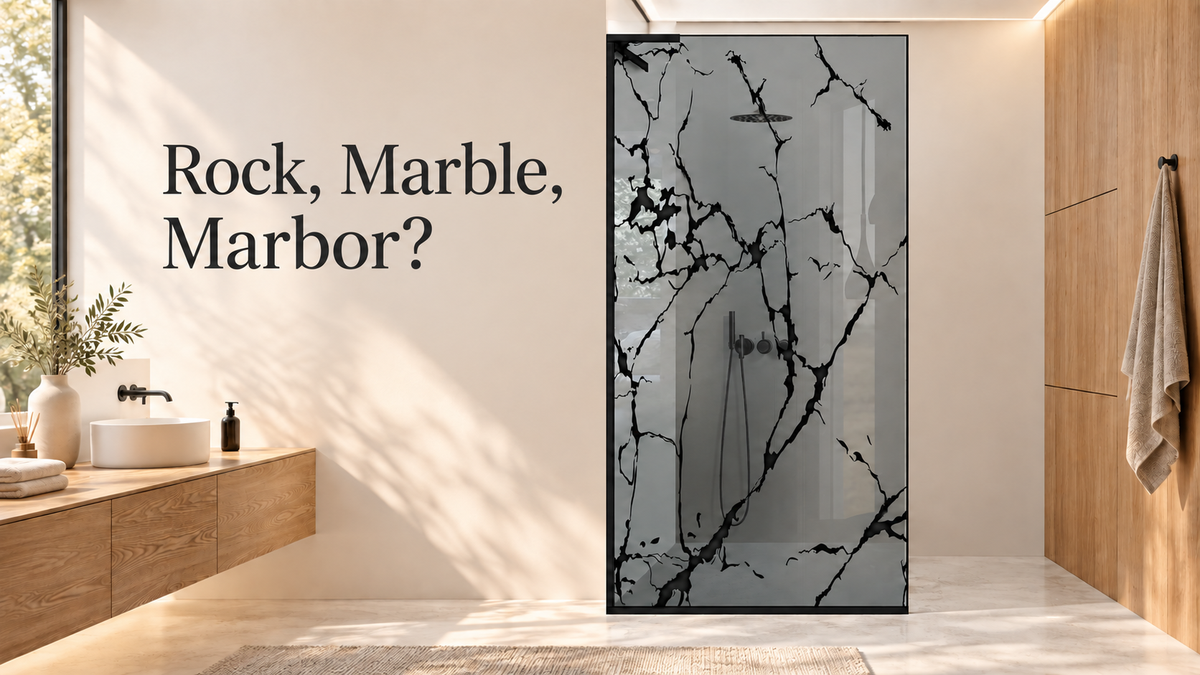 Paravan de duș cu model Rock, Marble sau Marmor: cum îl integrezi în baie