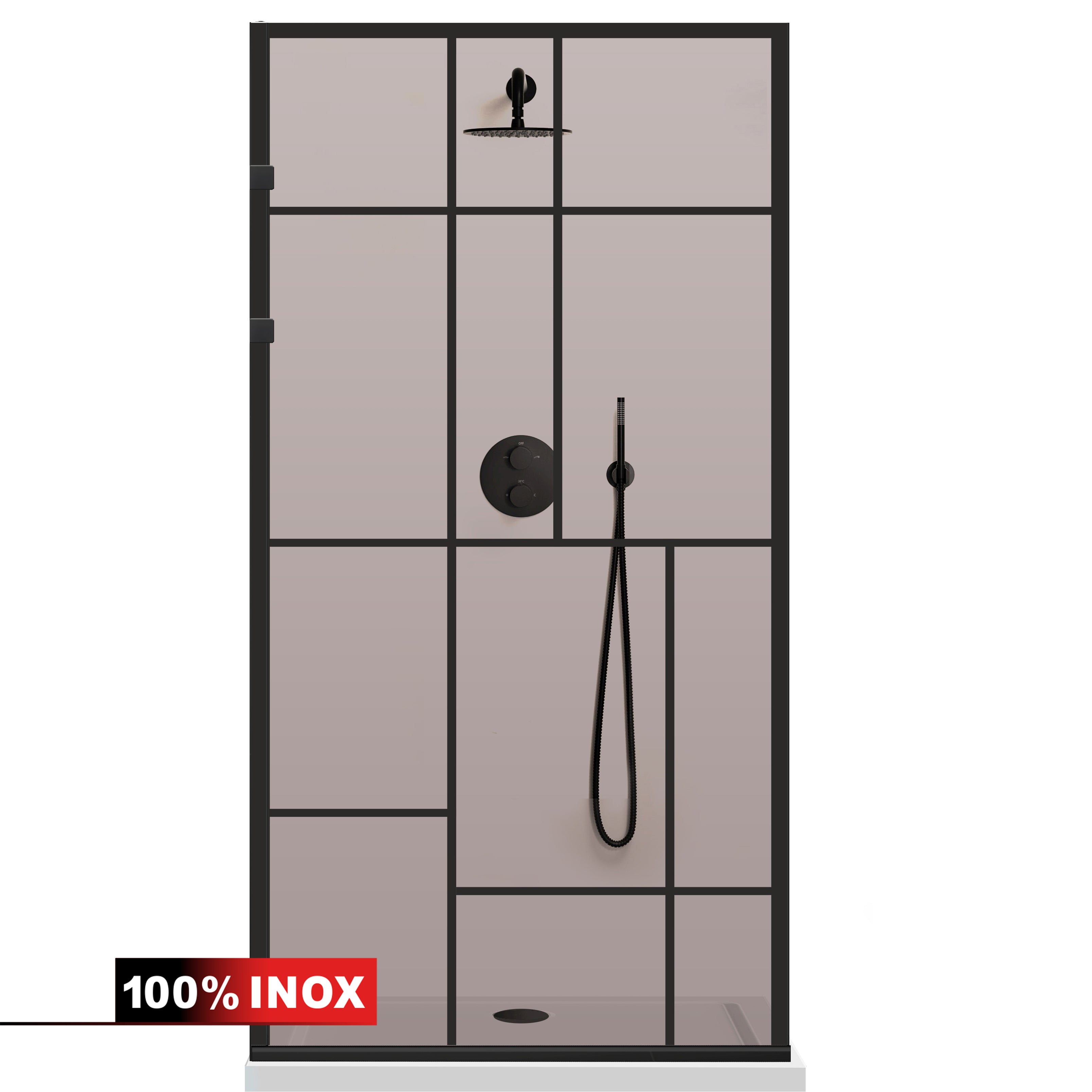Paravan dus Walk-in, Perete dus Inox, negru mat #Bronz