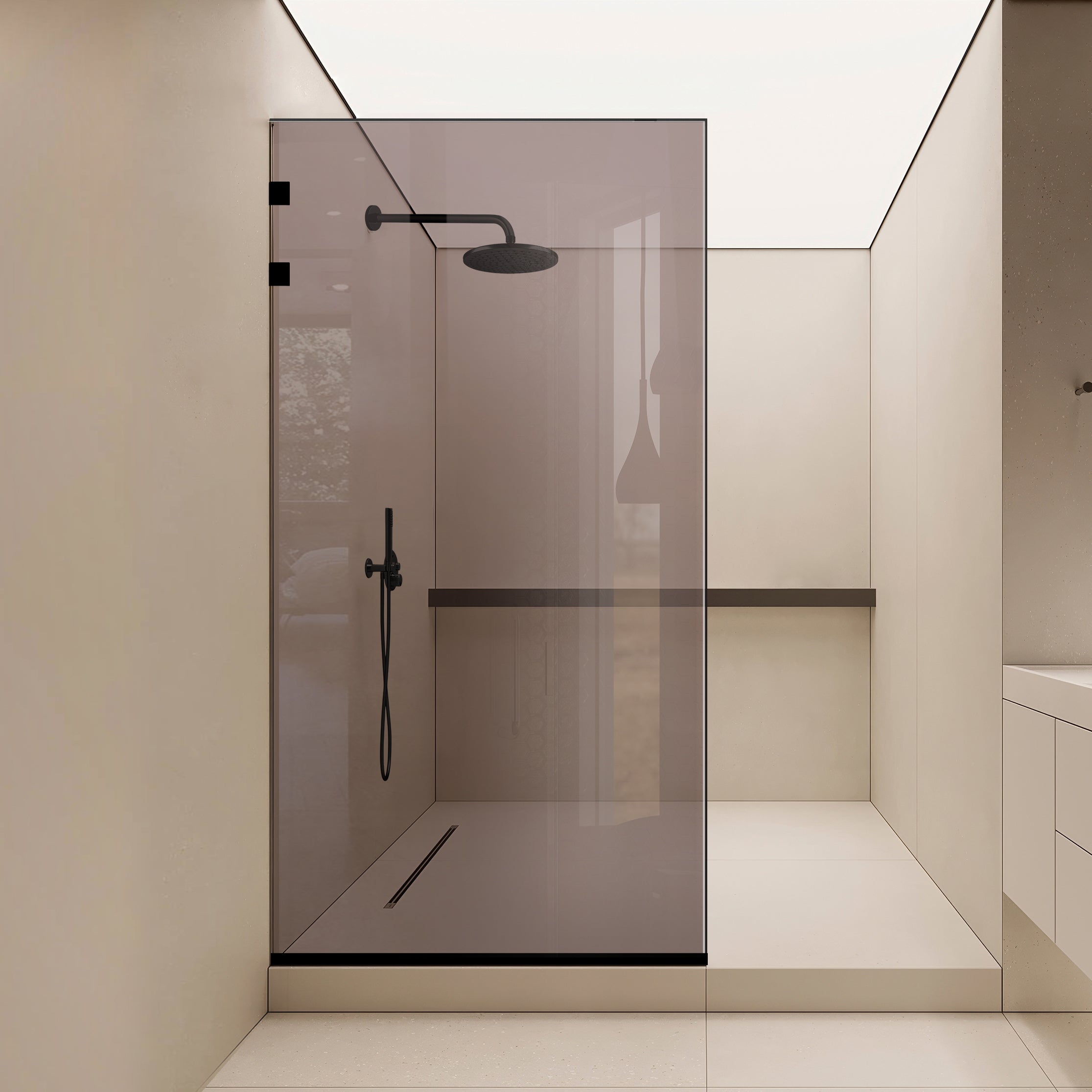 Paravan dus Walk-in, Perete dus Inox, negru mat #Bronz