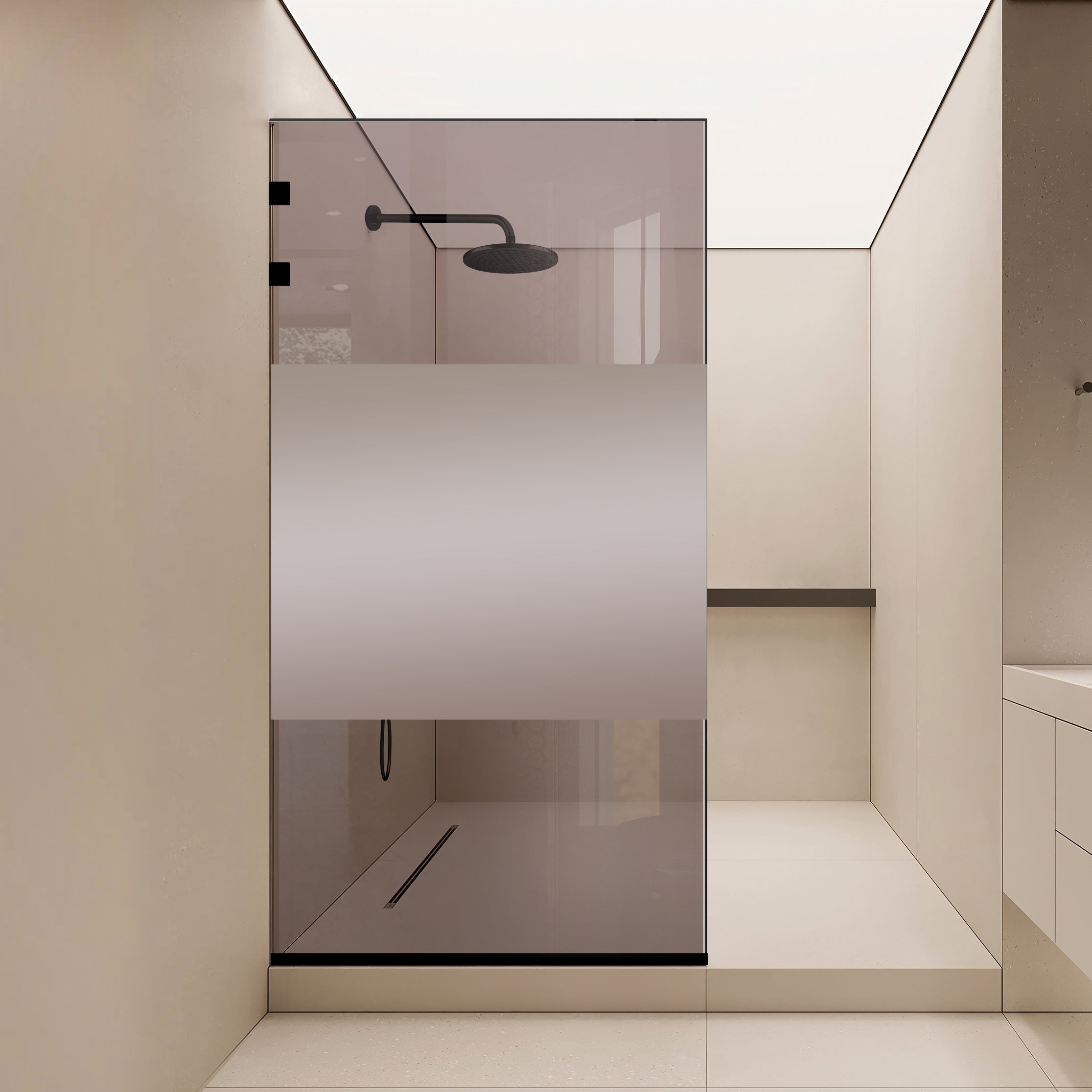 Paravan dus Walk-in, Perete dus Inox, negru mat #Bronz