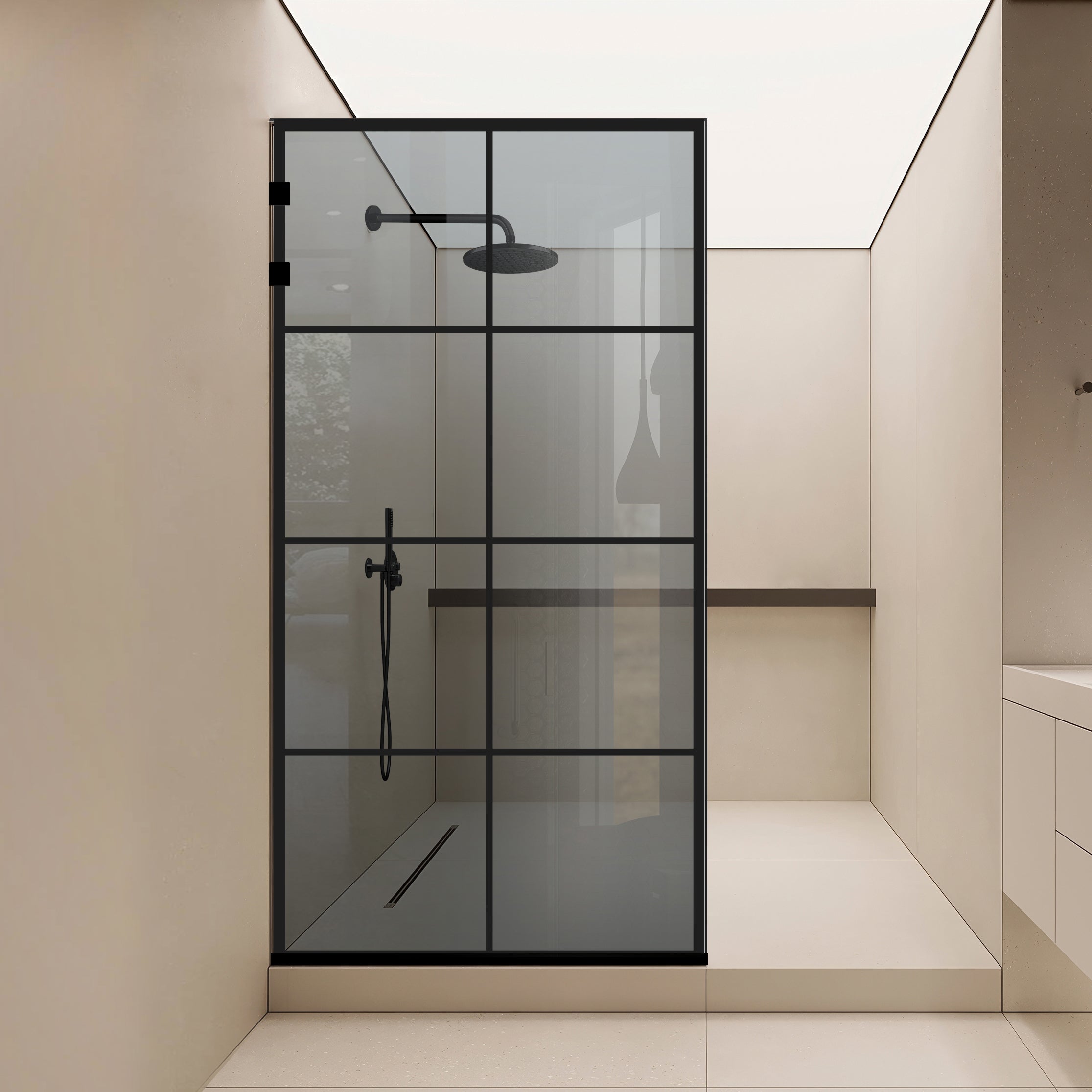 Paravan dus Walk-in, Perete dus Inox, negru mat #Gri