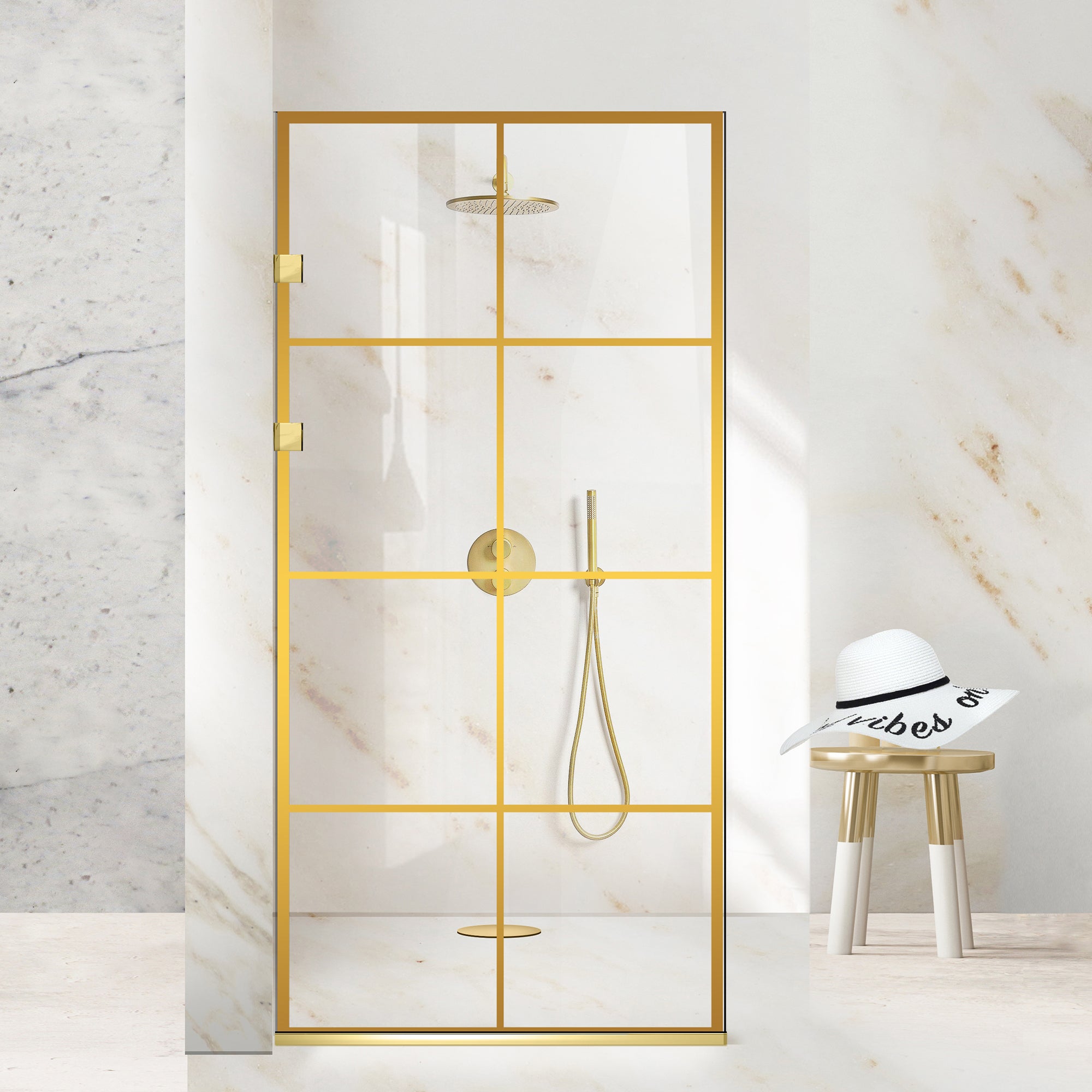 Paravan dus walk-in Aqua Elegance ® Gold, model Mode auriu, feronerie full inox auriu, sticla clara, securizata
